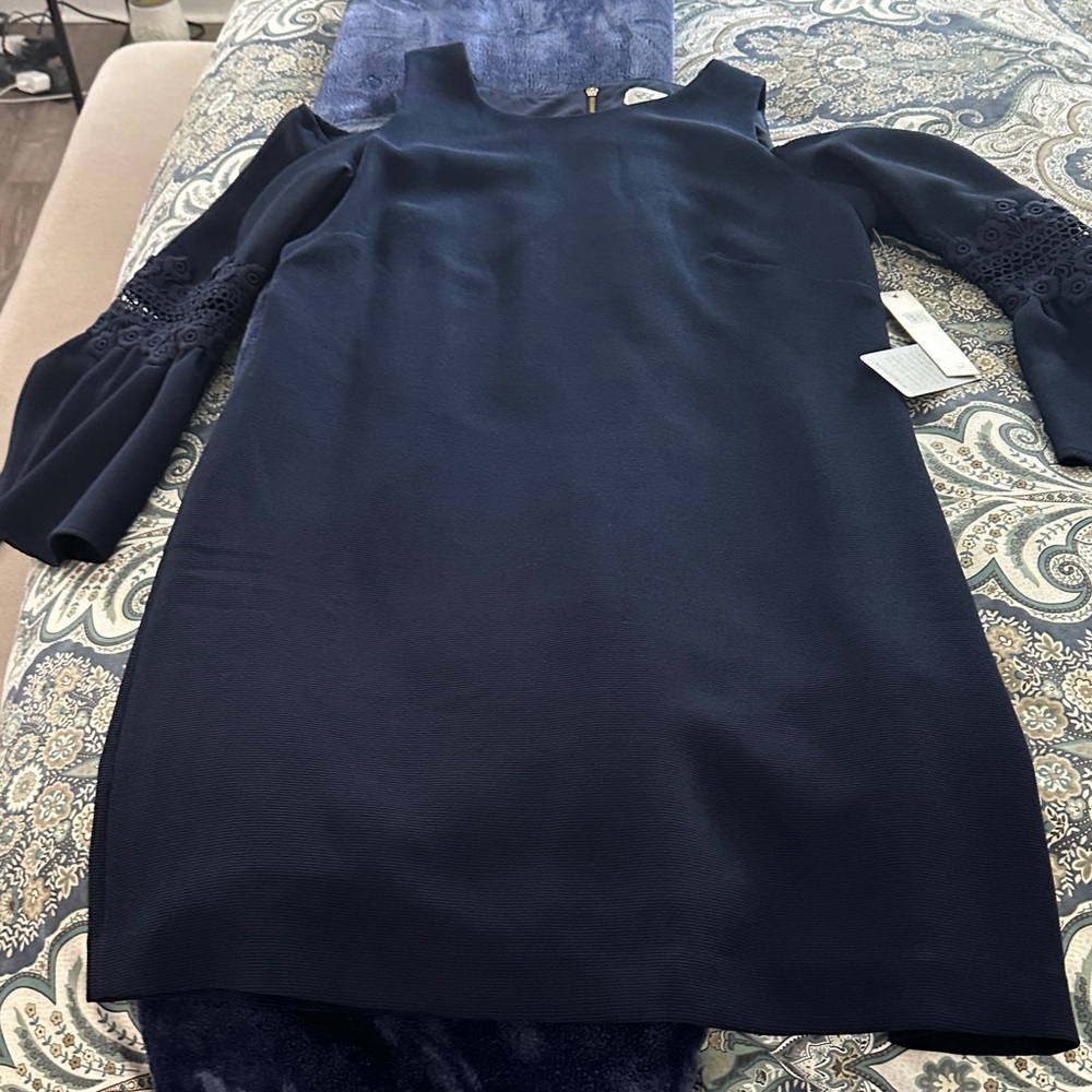 Eliza J Navy Cold-Shoulder Long Sleeve Dress with Lace Detail